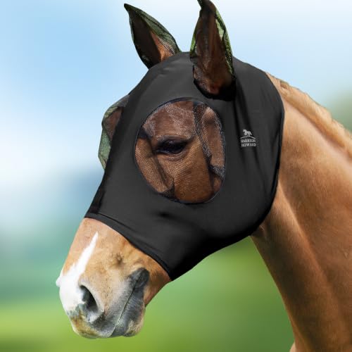 Harrison Howard Super Comfort Stretchy Fly Mask Large Eye Space with UV Protection Soft on Skin with Breathability Piano Black Cob (Medium) - color: Piano Black, size: Cob (Medium)