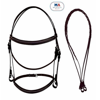 Majestic Ally Padded Raised English Bridle, Premium Leather, Matching Laced Reins - color: Brown, size: Full