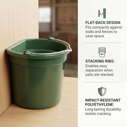 Flat-Back Utility Bucket – 8 Quart, Heavy-Duty Polyethylene | Space-Saving Flat-Back Design, Reinforced Wire Carry Bail, Integrated Hanging Notch, Farm & Stable Utility