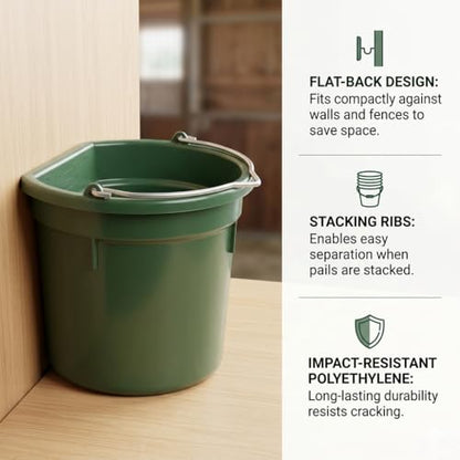 Flat-Back Utility Bucket – 8 Quart, Heavy-Duty Polyethylene | Space-Saving Flat-Back Design, Reinforced Wire Carry Bail, Integrated Hanging Notch, Farm & Stable Utility