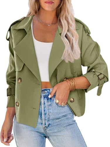 Saodimallsu Women Crop Double Breasted Trench Coat Short Cropped Jacket - color: Army Green, size: XX-Large