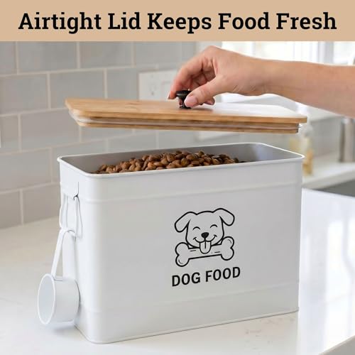 Metal Dog Food Container 15-20 lbs w/ Airtight Bamboo Lid, 70 Cup Capacity - color: White