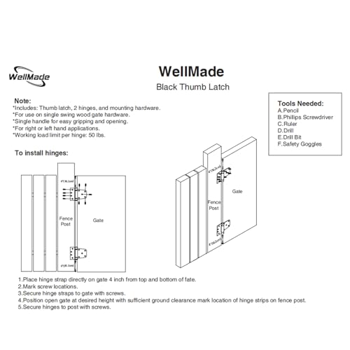 WellMade Heavy Duty Self-Locking Gate Latch Kit for Wooden/Vinyl Fence - 3.5" Spring Gate Hinge, 9" Handle & Thumb Latch, Automatic Locking,Outdoor Gate Hardware
