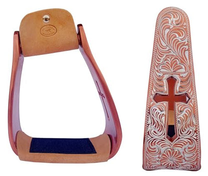 CHALLENGER Horse Saddle Stirrups Western Lightweight Aluminum Engraved Cross Cut-Out 51211 - color: Cross Bronze
