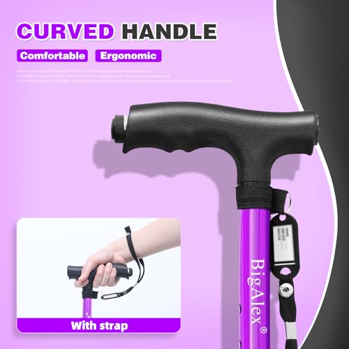BigAlex Folding Walking Cane with LED Light,Pivoting Quad Base,Adjustable Walking Stick with Carrying Bag for Men/Women - color: Purple(5'5"-6'3")