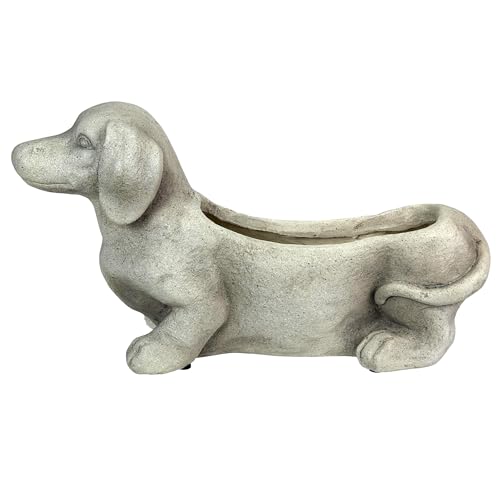 Zeckos Dachshund Dog Planter, 20 Inch Distressed Grey Stone Finish | Doxie Silhouette with Planting Well, For Living Rooms, Patios, Lawns, Gardens - color: Dachshund - Grey