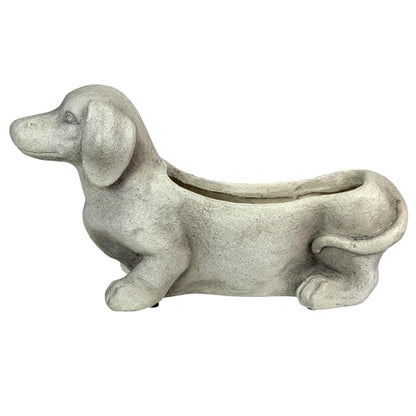 Zeckos Dachshund Dog Planter, 20 Inch Distressed Grey Stone Finish | Doxie Silhouette with Planting Well, For Living Rooms, Patios, Lawns, Gardens - color: Dachshund - Grey
