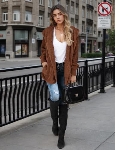 Zilcremo Women Hooded Cardigan Open Front Fuzzy Jacket - color: Caramel, size: Large