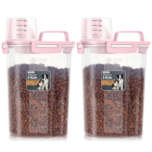 Dog Cat Food Storage Container with Cup (Pink, 2.5L (2 pack)) - color: Pink, size: 2.5L (2 pack)