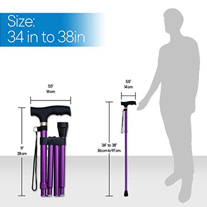RMS Folding Cane, Adjustable, Lightweight Offset Walking Cane | Aluminum Collapsible Walking Stick with Ergonomic Derby Handle, cane folds for travel and storage - color: Lavender