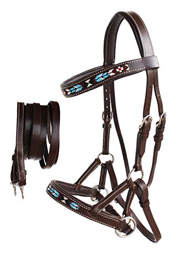 CHALLENGER Horse Western Leather Tack Beaded Bitless Sidepull Bridle Reins Brown 77RT07BR-F