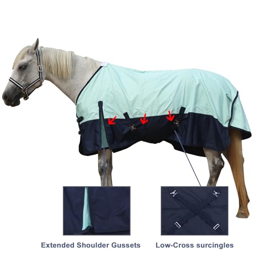 600D Horse Blanket, 0g No-Fill Waterproof Turnout Rain Sheet - color: Turquoise/Navy, size: 69"
