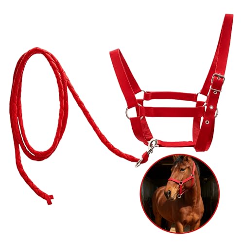 Adjustable Nylon Horse Halter & Matching Lead Set for Horses - color: RED