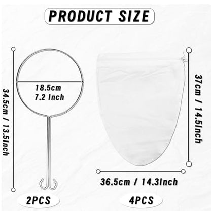 4 Pcs Ultra Fine Mesh Strainer Bags Reusable Mesh Filter Bag | 4 Pcs Ultra Fine Mesh Strainer Bags with 2 Pcs Handle Frame, Reusable Mesh Filter Bag for Filter Juice Nut Milk Oil and Soup