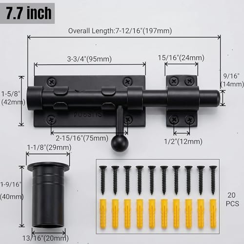 1-Pack 7.7" Barrel Bolt Latch Black,Stainless Steel Heavy Duty Gate Latches - color: Black-7.7inch