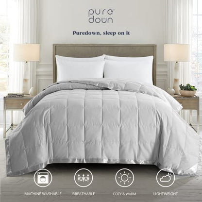 puredown® Blankets Queen Size - Soft Lightweight Down Blanket for Bed, Cozy Warm Luxury Bed Blanket with Satin Trim, Light Grey (90"X90") - color: 02 Light Gray, size: Full/Queen