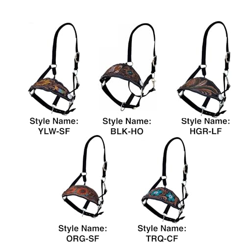 Majestic Ally Equestrian Designer Bronc Halter for Horses, Hand-Tooled Leather Nose, Padded Nylon Crown and Noseband - style: Horse Design