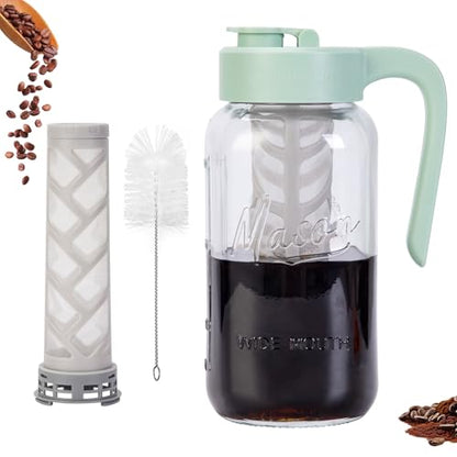 Cold Brew Coffee Maker Glass, 64 oz Mason Jar Pitcher | Airtight, Leakproof, Fridge Safe, Dishwasher Safety, Ergonomic Handle, Pour Spout Lid, for Iced Coffee, Lemonade, Ice Tea - color: Green, size: 64 Ounces