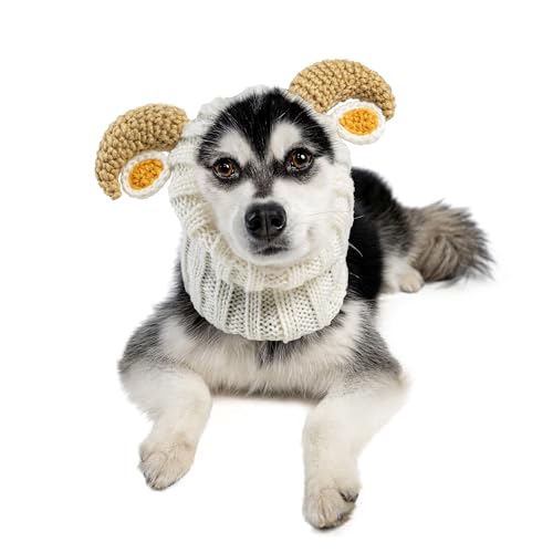 Ram Goat Costume - Warm Knit Dog Snood Wrap for Pets, Neck Ear Cover Protection, Halloween Winter (Medium) - size: Medium