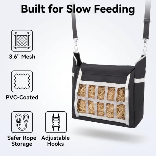 2 Pack Slow Feed Horse Hay Bag, Heavy Duty Waterproof Oxford Hay Feeder Bag with 3.6" Slow Feed Holes, Hanging Hay Net for Stall, Fence, Trailer, Fit Horse Sheep Goat Cattle Donkey