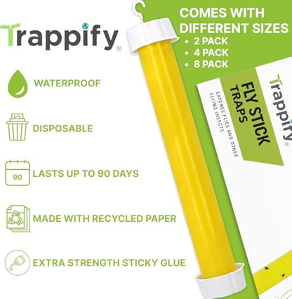 Trappify Hanging Fly Trap & Fruit Fly Traps for Indoors, Yellow, 8 Pack | Recycled Paper Stick with Ultra-Tacky Adhesive and Bait Cup, Hangs in Kitchens, Patios, Barns, Catches Flies and Gnats - size: Pack 8
