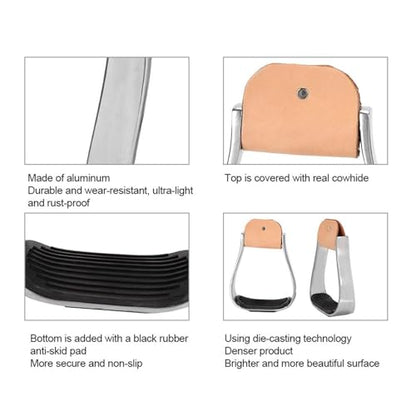 Western Horse Riding Stirrups, Aluminum Cushioned Stirrups with Cowhide Top and Rubber Anti-Skid Pad, Lightweight Rust-Proof Saddle Tack for Training and Performance