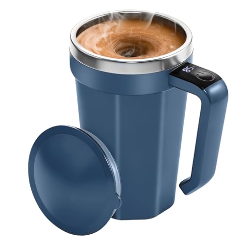 Self Stirring Coffee Mug with Temperature Display, 18 oz Rechargeable Self Stirring Mug with Lid, Automatic Self Stirring Cup, Coffee Mug with Stainless Steel for Coffee, Milk, Beverages, Blue - color: Blue