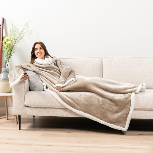 PAVILIA Sherpa Wearable Blanket with Sleeves and Pocket, Plush Thick Cozy Body Blanket Wrap for Adult Women Men, Christmas Gift for Wife Mom, Taupe Tan - color: Taupe