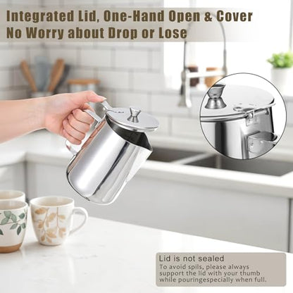 32 oz 304 Stainless Steel Pitcher with Lid, 1 L Large Metal Measuring Cup with Handle, Large Mouth Graduated Beakers, Milk Frothing Jug for Latte Art, Espresso Machines, Tea - size: 33.8 Ounces