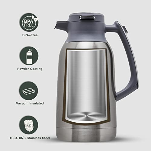 IDEUS Thermal Coffee Carafe 68oz, Beverage Dispenser Metallic | Stainless Steel Double Wall Vacuum Insulation Creamer Pitcher Water Jug Coffee Server, Coffee Carafe for Keeping Hot and Cold - color: Metallic, size: 68 Ounces