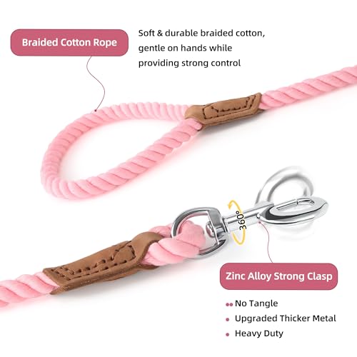 Mile High Life Dog Leash Braided Cotton Rope with Leather-Reinforced Ends - color: Pink, size: 72 Inch-1/2"