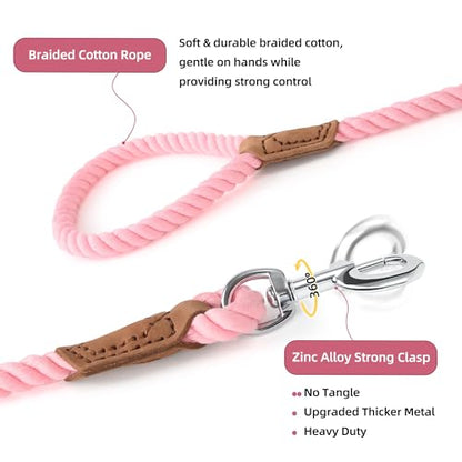 Mile High Life Dog Leash Braided Cotton Rope with Leather-Reinforced Ends - color: Pink, size: 72 Inch-1/2"