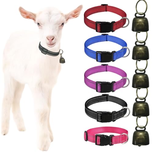 5 Pack Reflective Goat Collars with Grazing Copper Bells and Adjustable Nylon Collar with Anti-Lost Loud Bronze Bell for Farm Animal Goat Sheep Horse Cow(Size:M Neck:14-20") - size: M-Medium(Neck 14-20")