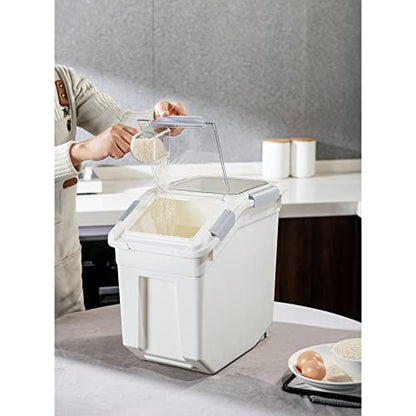 HANAMYA 25 Liter / 40 lbs Rice Storage Container with Measuring Cup, BPA free, For Rice | Grain | Pet Food | Flour, 1 count, White