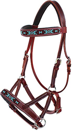 English Western Horse Leather Bitless Sidepull Bridle w/ Split Reins 77RS12 - color: Mahogany/Beaded