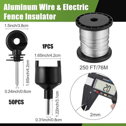 MorningRo 2-Mile 5000V 0.1Joule Electric Fence for Preventing Animals Intruding, 50 Black Fence Insulator and 1 Socket Tool, 250ft Aluminum Wire for Electric Fencing Grid System Accessories - size: 76M