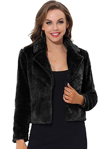 Allegra K Women's Cropped Faxu Fur Jacket Lapel 2026 Winter Fur Coat Outfit - color: Black, size: Large