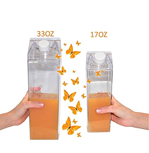Milk Carton Water Bottle 33oz (1000mL) Plastic Square Milk Bottles No BPA Leakproof Water Bottle Portable Reusable Milk Carton Shaped Juice Bottle Perfect for Fitness Gym Camping Sports