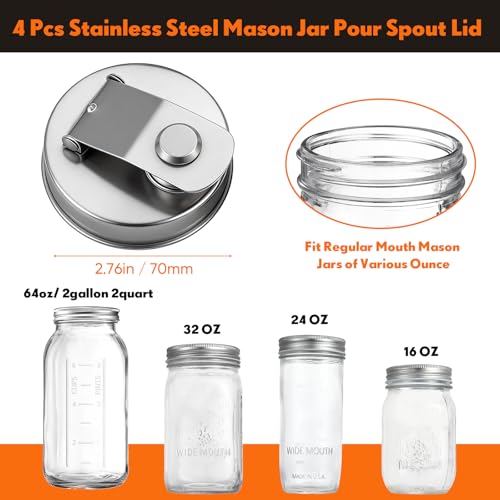 Baderke 4 Pcs 2.76 Inch Stainless Steel Mason Jar Drinking Lids with Spout - color: Pouring Spout, size: 2.76 Inch
