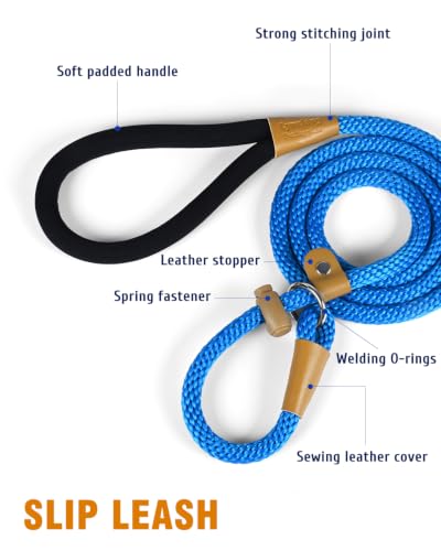 Dog Leash Slip Lead Braided Rope Pet Training Loop Leashes 5ft 6ft 8ft - color: Blue