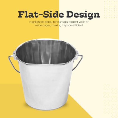 9 quart Stainless Steel Flat Side Bucket | 2.25 gal Durable Heavy Duty Food & Water Feeding Pails for Dog Goat Sheep horse | Fits kennel Cage Critter Crate Hanging Pet Pail | Multipurpose - size: 9 Quarts