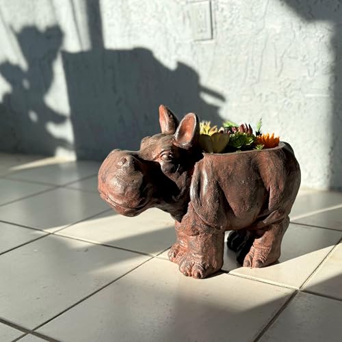 Zeckos Hippo Animal Planter, 17 Inch Wide Brown Textured Finish | Magnesium Oxide, 12.5 Inch Tall, Indoor or Outdoor Display, Drain Holes, 4 X 7.5 Inch Opening, 7.5 Inch Deep - color: Hippo - Brown