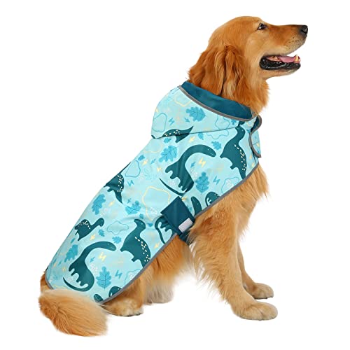 HDE 2-in-1 Reversible Dog Raincoat Hooded Poncho Rain Jacket Teal Dino L - color: Dinosaurs, size: Large