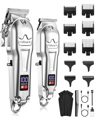 Ufree Hair Clippers for Men Professional, Barber Clippers and Trimmers Set, Cordless Hair Clippers for Hair Cutting Kit with LED Display, Electric Hair Trimmer, Gifts for Men, Silver
