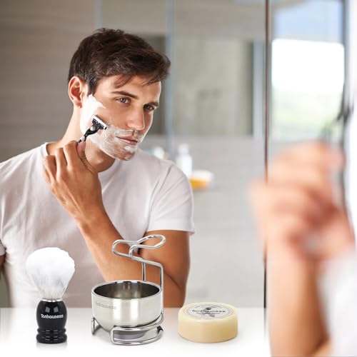Shaving Brush Kit for Men, 4 in 1 Shaving Brushes Set Includes Nylon Bristle Shave Brush, Shaving Bowl & Stand and Shaving Soap Kit for Men’s Shave Gift - color: Black-B