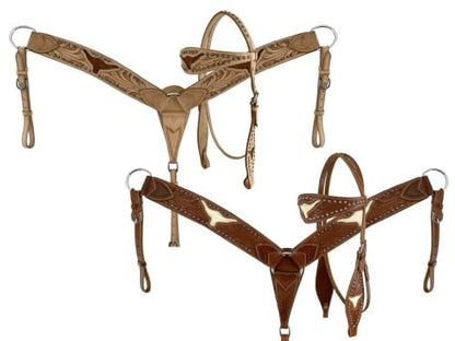 Showman Tooled Leather Headstall & Breast Collar w/Cut Out Steer Heads & Cowhide - color: Light Oil