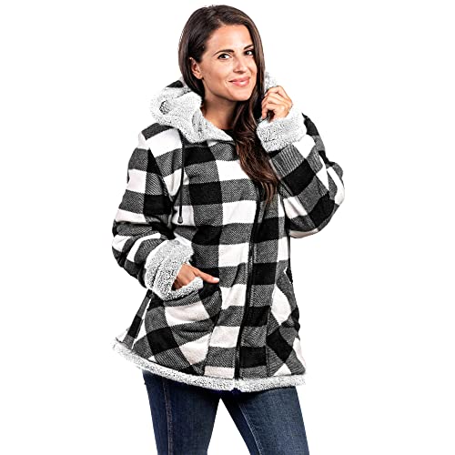 TrailCrest Women's Plush Sherpa Lined Hooded Plaid Zip-Up Jacket - color: White Plaid, size: Large