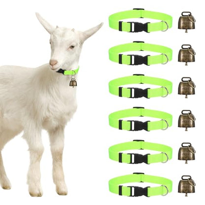M METERXITY 6-Pack Goat Collars with Bells, 13.8"-20.5" Polyester Adjustable Pet Collar with Anti-Lost Grazing Copper Bell for Small Farm Animal/Sheep/Cow/Goat [Green] - color: Green
