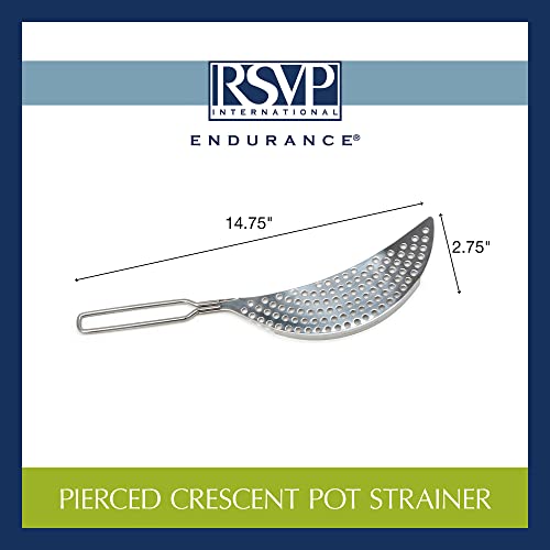RSVP International Endurance Collection Pierced Crescent Pot Strainer, 14x75x2x75", 18/8 Stainless Steel - size: 14.75x2.75"