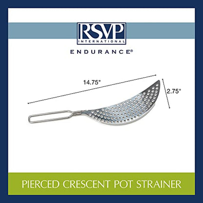 RSVP International Endurance Collection Pierced Crescent Pot Strainer, 14x75x2x75", 18/8 Stainless Steel - size: 14.75x2.75"